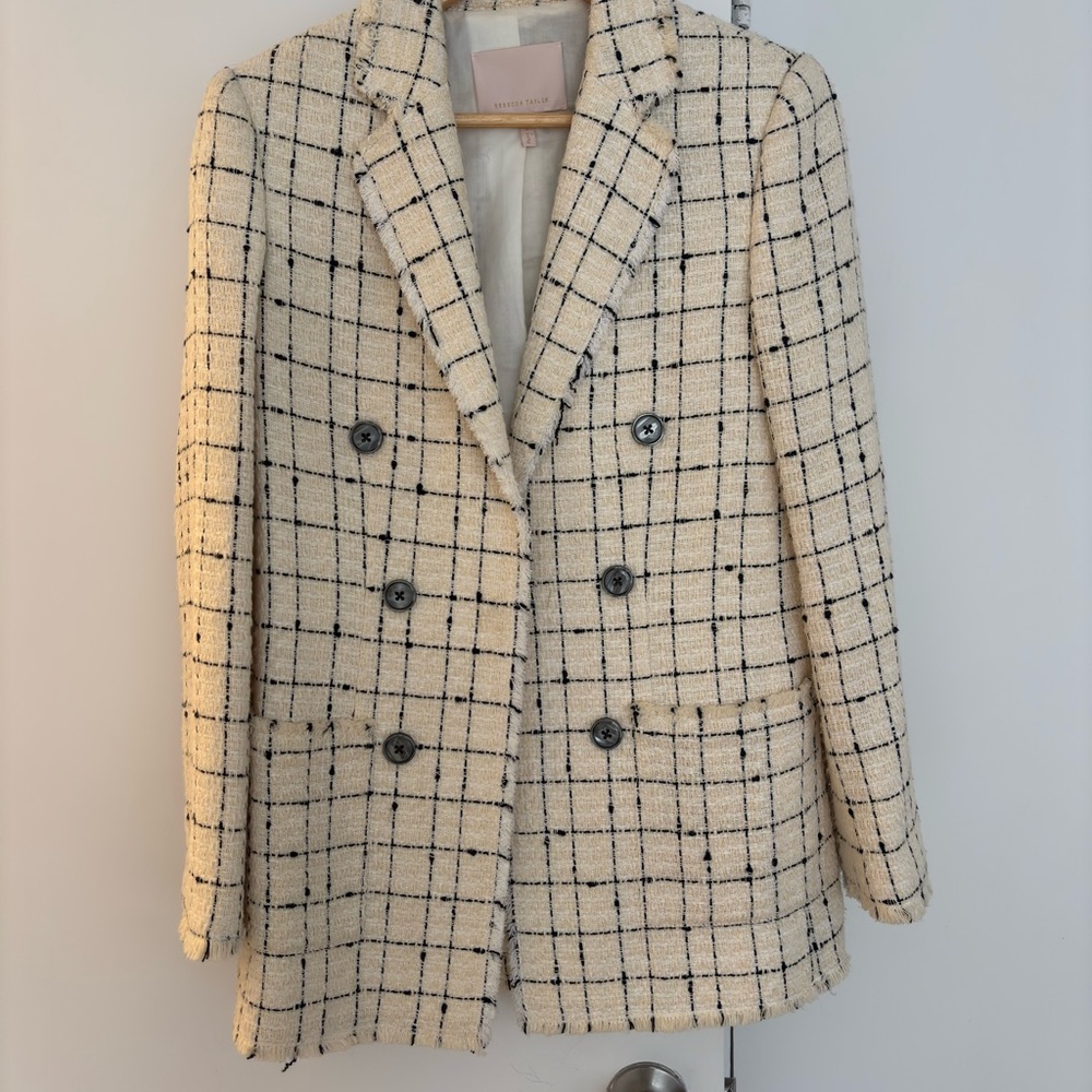 Rebecca Taylor Cream Tweed Double-Breasted Windowpane Blazer